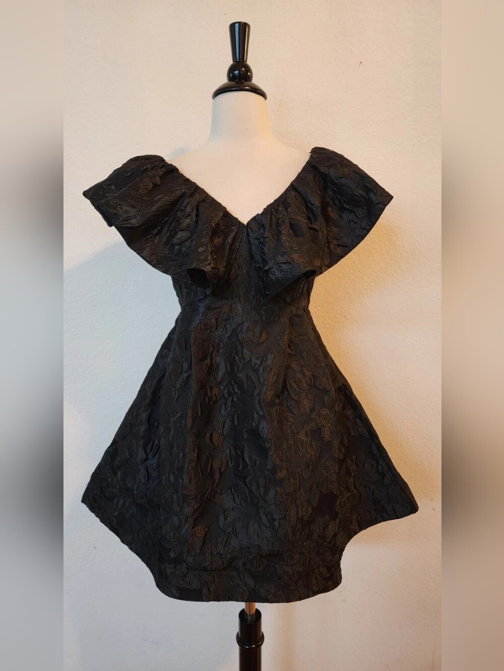 Black Textured Ruffle V-Neck Dress - Picture 1 of 4